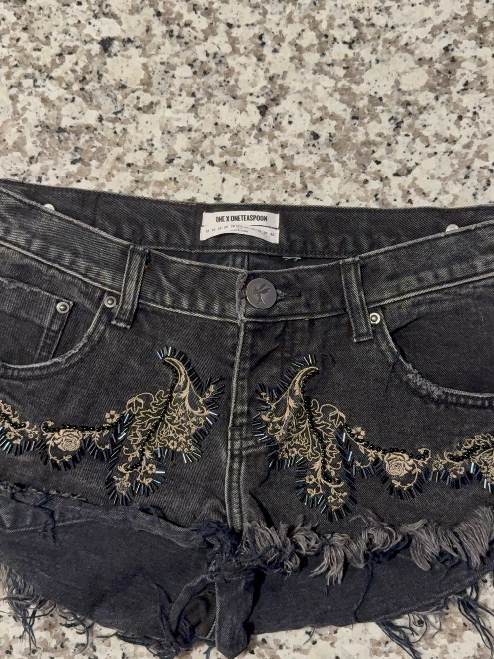 One Teaspoon Black Distressed Embroidered Jean Shorts